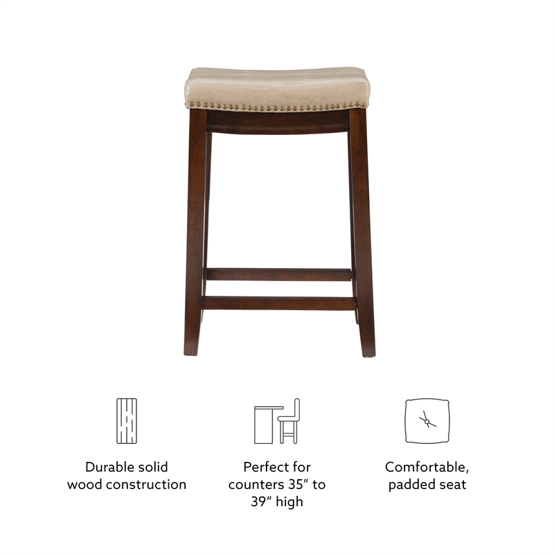 Pemberly Row Backless Counter Stool Beige Faux Leather Wood Frame in Brown