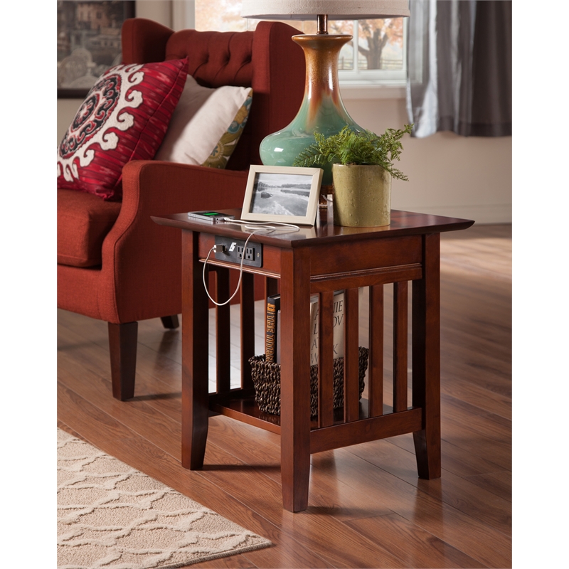 Pemberly Row Solid Wood End Table with Built in Device Charger in Brown Walnut