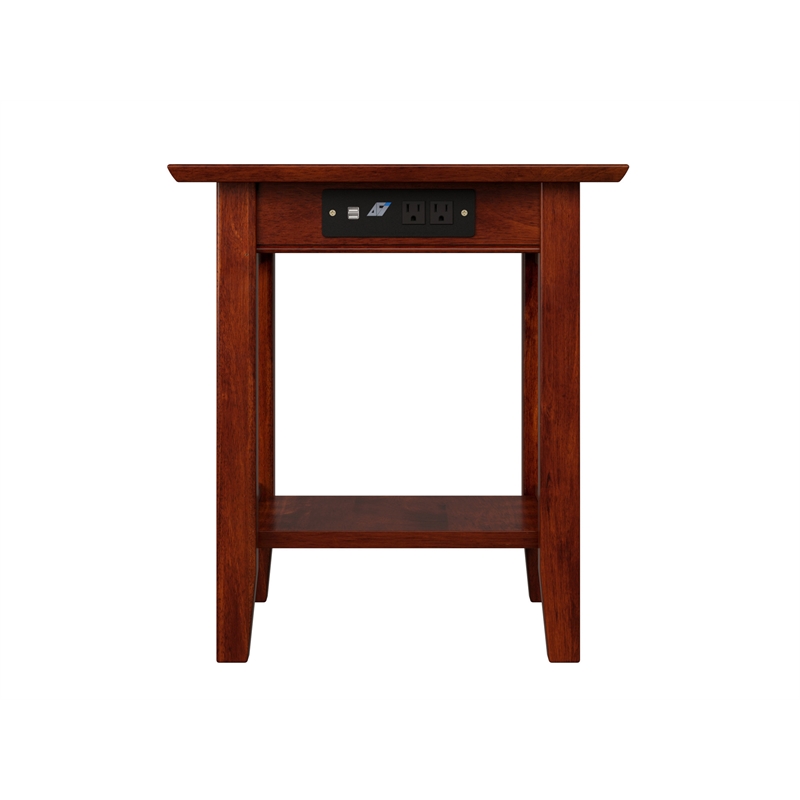 Pemberly Row Solid Wood End Table with Built in Device Charger in Brown Walnut