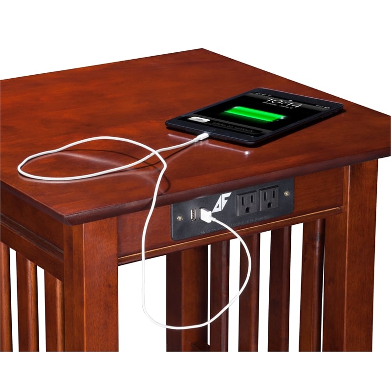 Pemberly Row Solid Wood End Table with Built in Device Charger in Brown Walnut