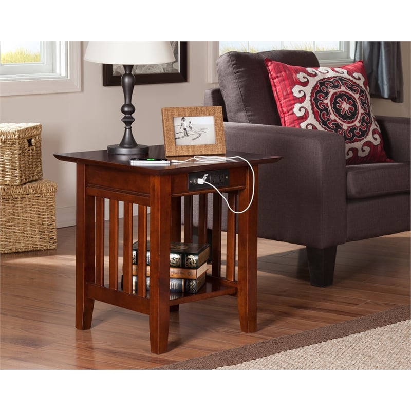 Pemberly Row Solid Wood End Table with Built in Device Charger in Brown Walnut