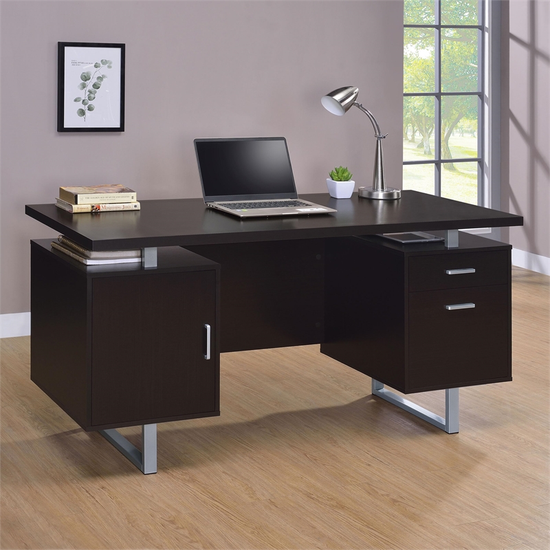 Pemberly Row 2-Drawer Wood Office Desk in Cappuccino and Silver