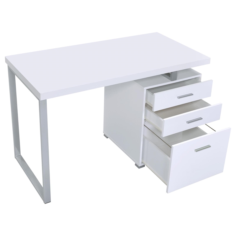 Pemberly Row Modern 3-Drawer Wood Office Desk in White and Silver