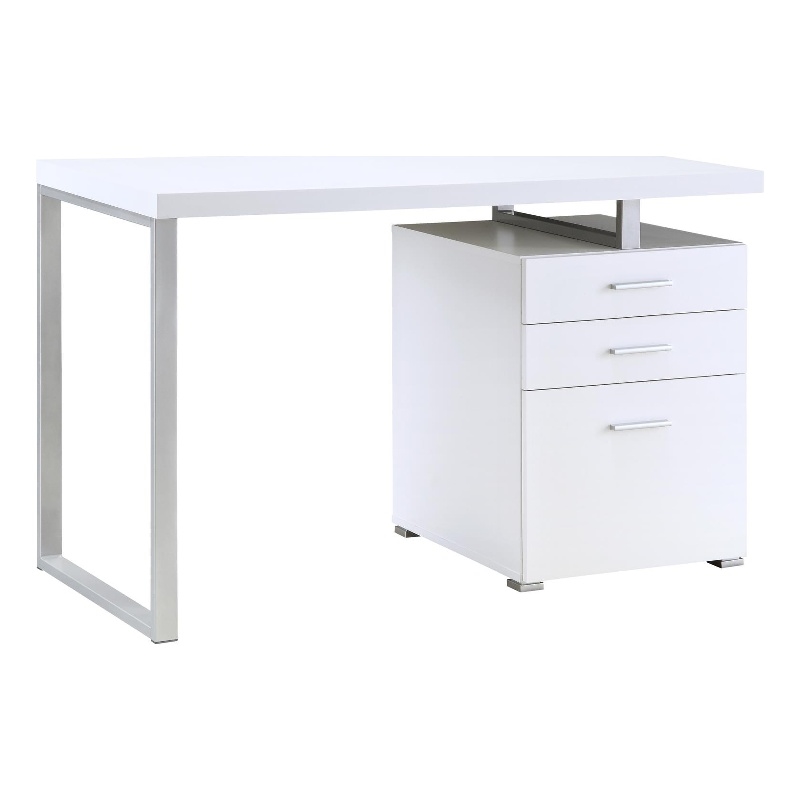 Pemberly Row Modern 3-Drawer Wood Office Desk in White and Silver