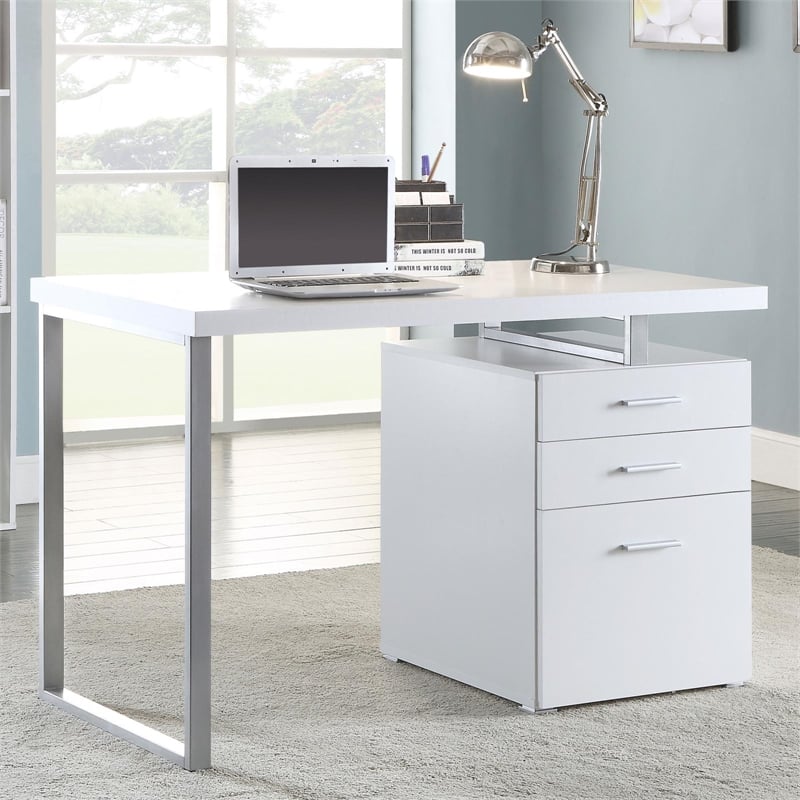 Pemberly Row Modern 3-Drawer Wood Office Desk in White and Silver