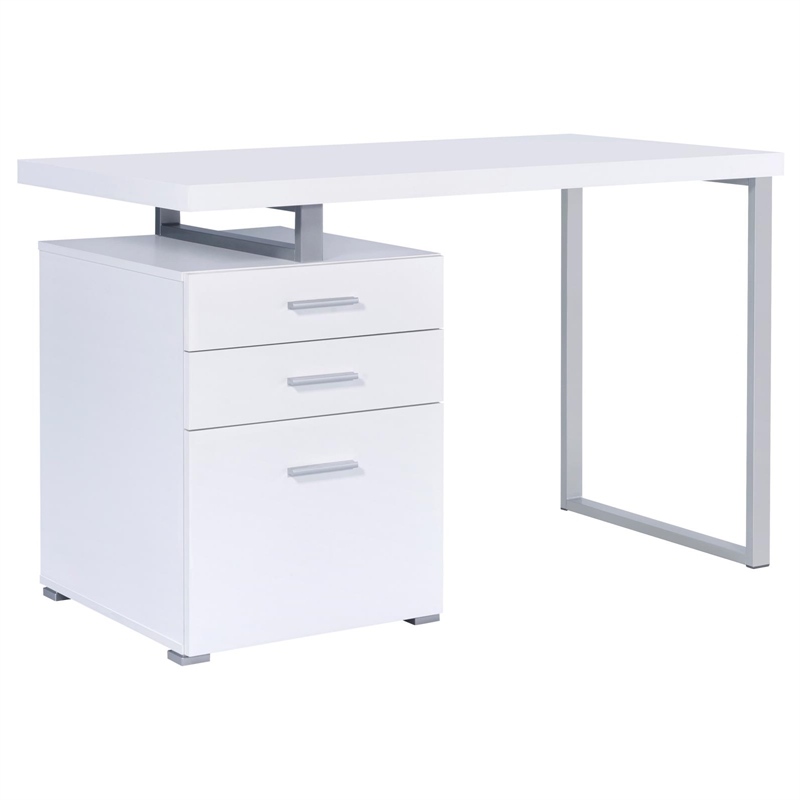 Pemberly Row Modern 3-Drawer Wood Office Desk in White and Silver