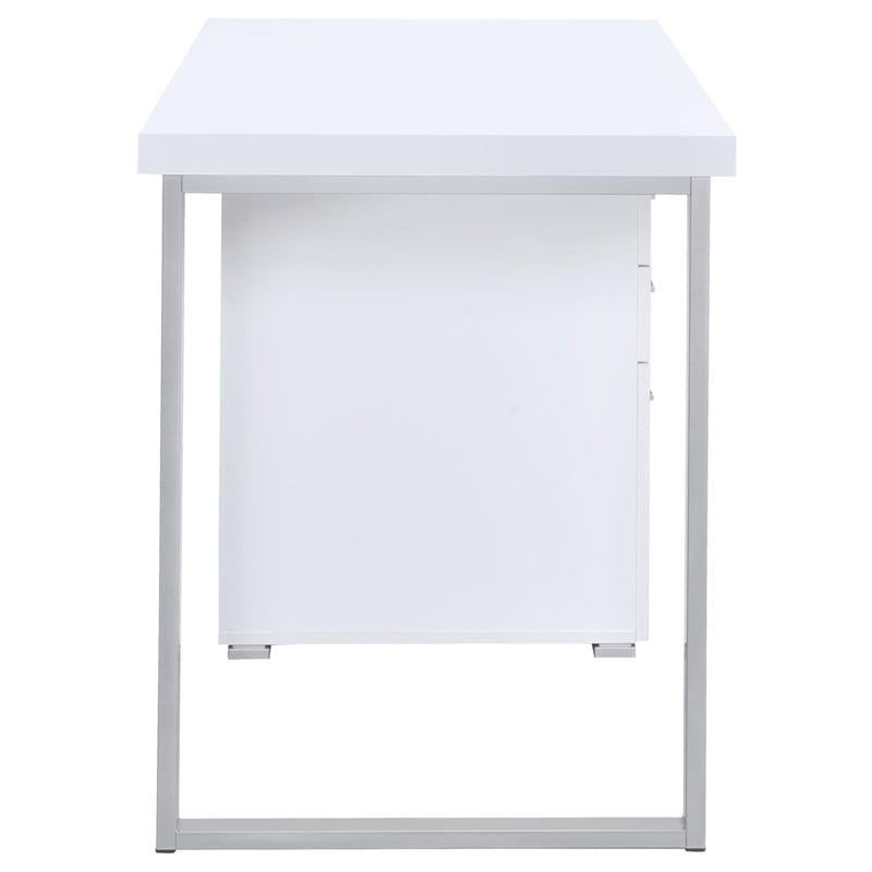Pemberly Row Modern 3-Drawer Wood Office Desk in White and Silver