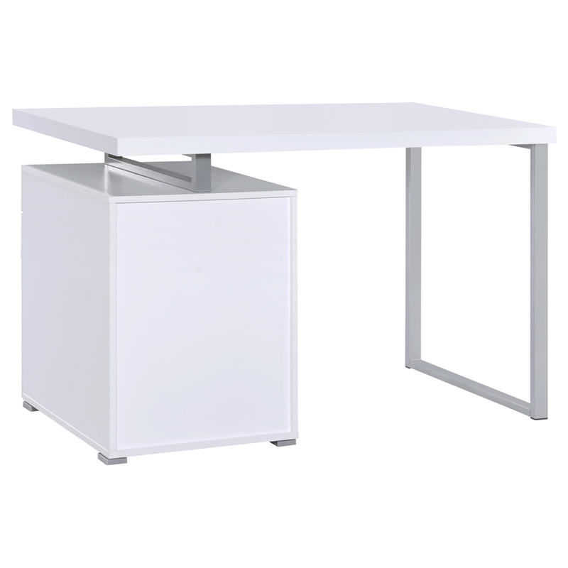 Pemberly Row Modern 3-Drawer Wood Office Desk in White and Silver