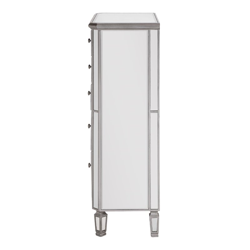 Pemberly Row Contemporary Wood 5-Drawer Mirrored Chest in Silver