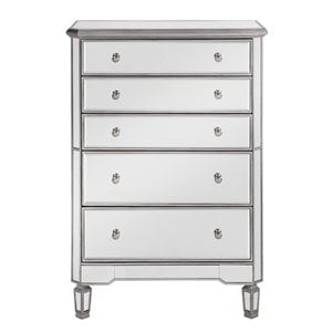Pemberly Row Contemporary Wood 5-Drawer Mirrored Chest in Silver