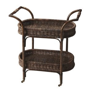 Pemberly Row Contemporary Bar Cart in Medium Brown Rattan Finish