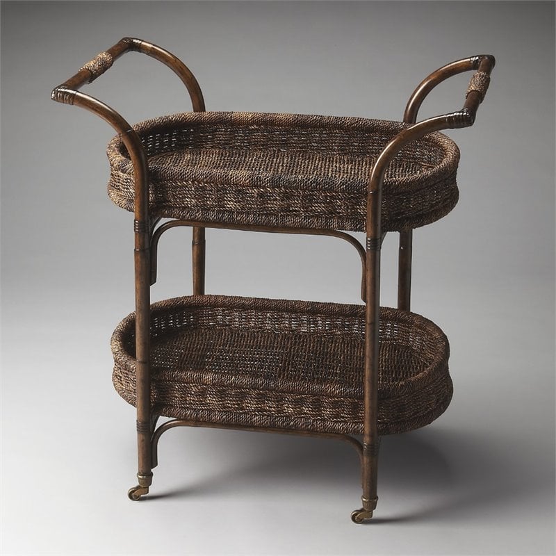 Pemberly Row Contemporary Bar Cart in Medium Brown Rattan Finish