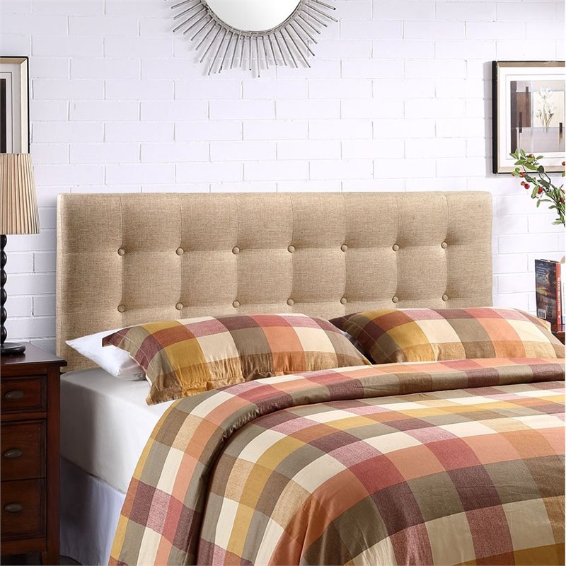 Pemberly Row King Upholstered Polyester Fabric Headboard in Beige