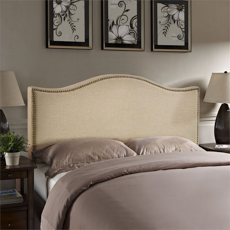 Pemberly Row Queen Nailhead Upholstered Linen Fabric Headboard in Cafe Brown