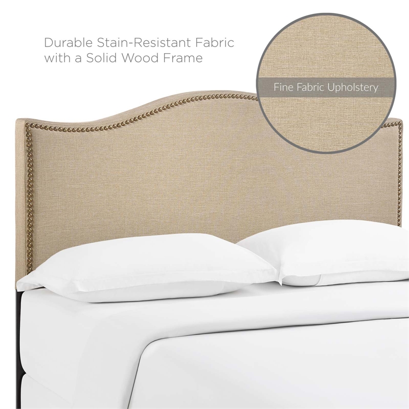 Pemberly Row Queen Nailhead Upholstered Linen Fabric Headboard in Cafe Brown