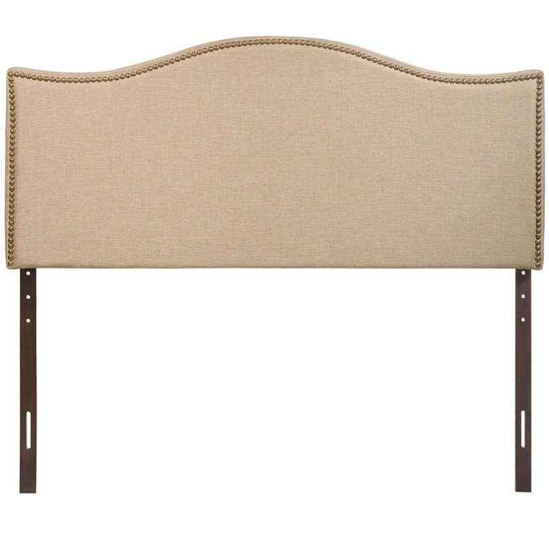 Pemberly Row Queen Nailhead Upholstered Linen Fabric Headboard in Cafe Brown