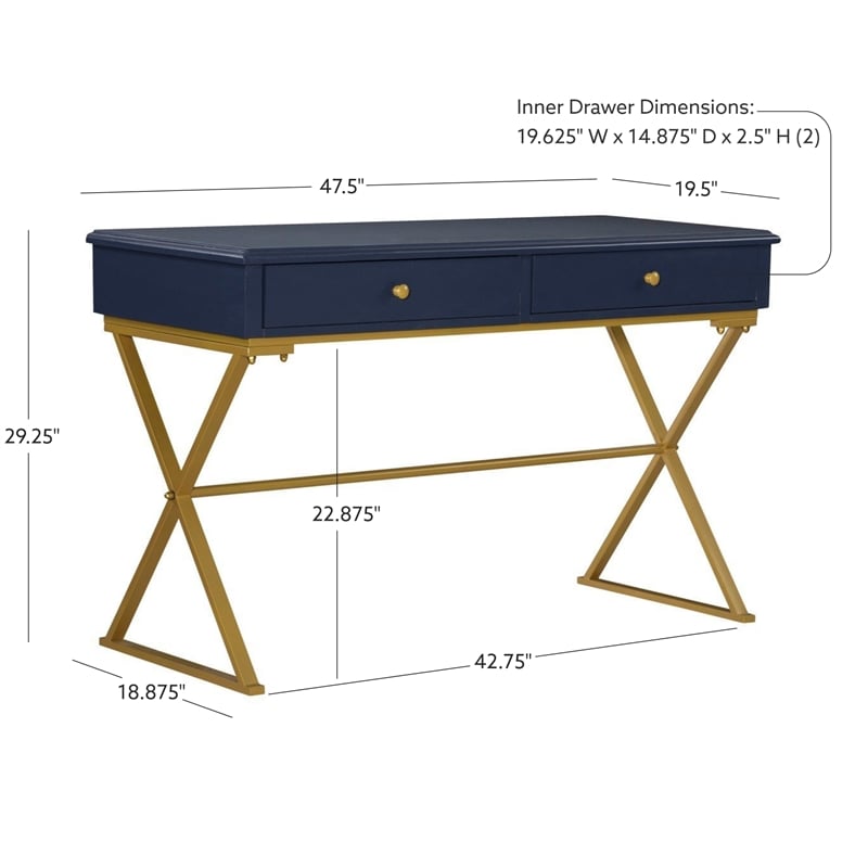 Pemberly Row Two Drawer Desk Gold Metal Criss Cross Legs Top in Blue Wood
