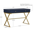 Pemberly Row Two Drawer Desk Gold Metal Criss Cross Legs Top in Blue Wood