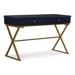 Pemberly Row Two Drawer Desk Gold Metal Criss Cross Legs Top in Blue Wood