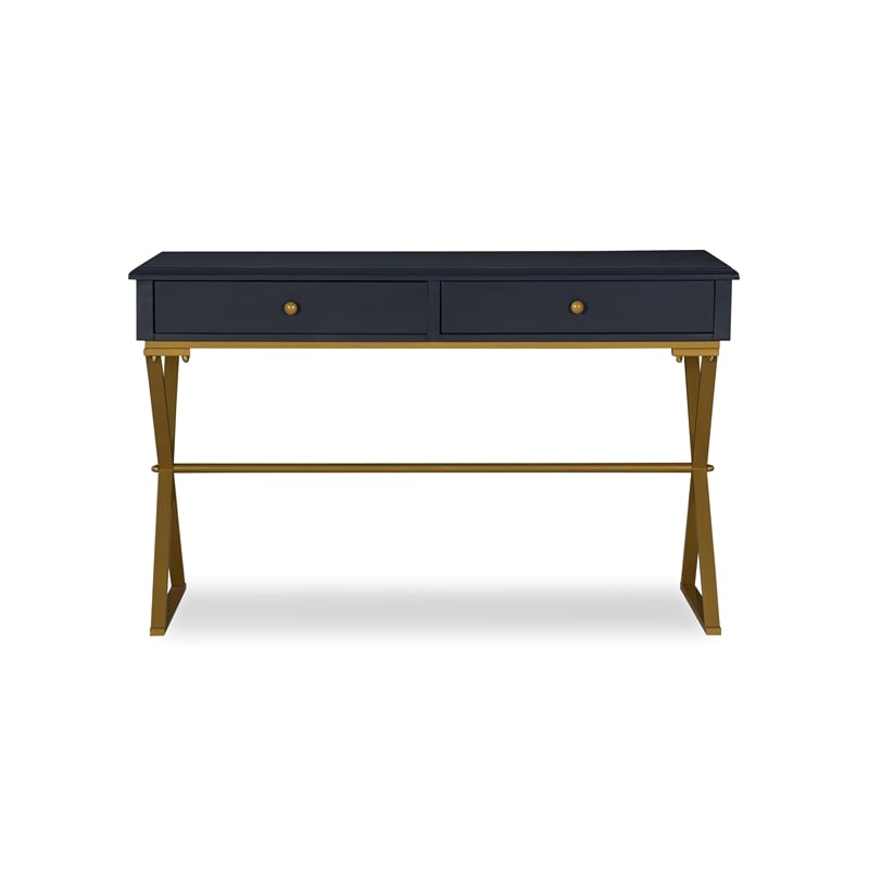 Pemberly Row Two Drawer Desk Gold Metal Criss Cross Legs Top in Blue Wood