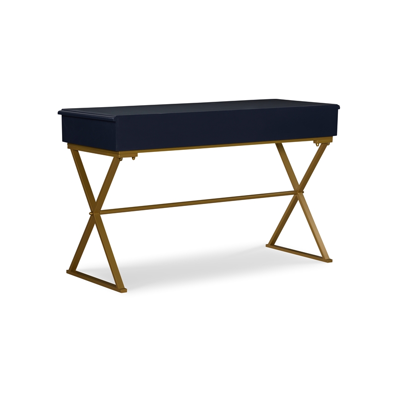 Pemberly Row Two Drawer Desk Gold Metal Criss Cross Legs Top in Blue Wood