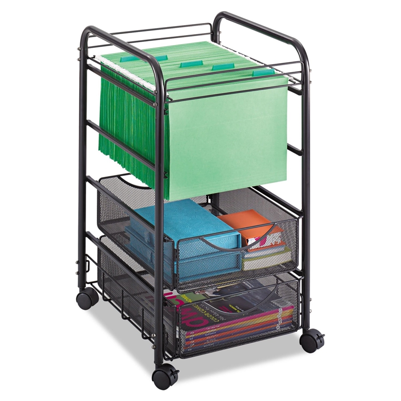 Pemberly Row Contemporary 2-Drawer Metal Mesh File Cart in Black