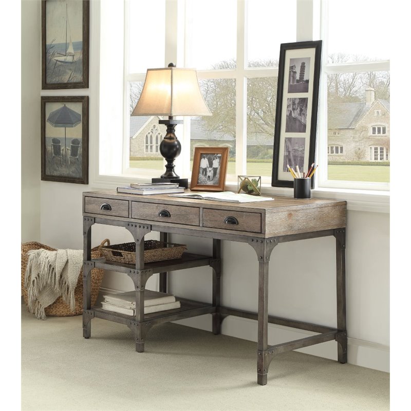 Pemberly Row 3-Drawer Wooden Writing Desk in Weathered Oak and Antique Silver