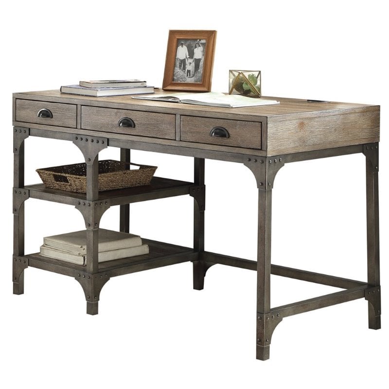 Pemberly Row 3-Drawer Wooden Writing Desk in Weathered Oak and Antique Silver