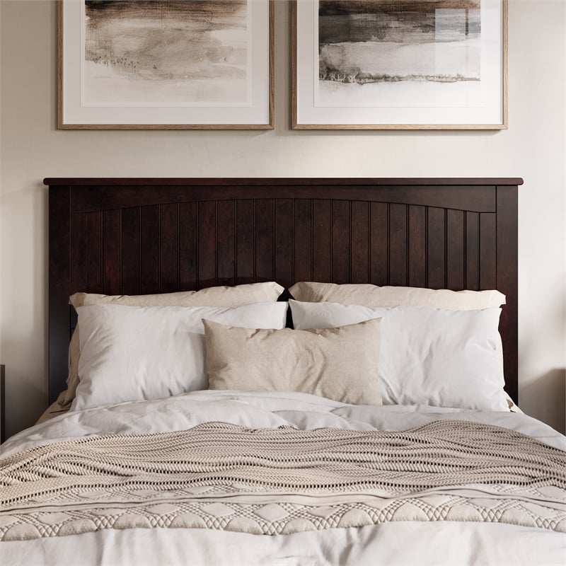 Pemberly Row Queen Solid Wood Panel Headboard with Device Charger in Espresso