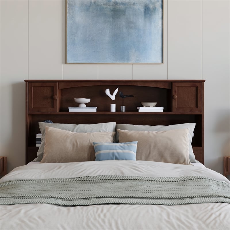 Pemberly Row Full Wood Bookcase Headboard with Device Charger in Walnut