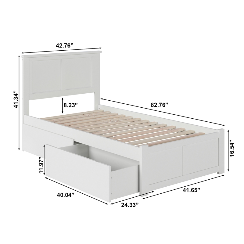 Pemberly Row Madison Twin XL Wood Platform Bed and Storage Drawers in White