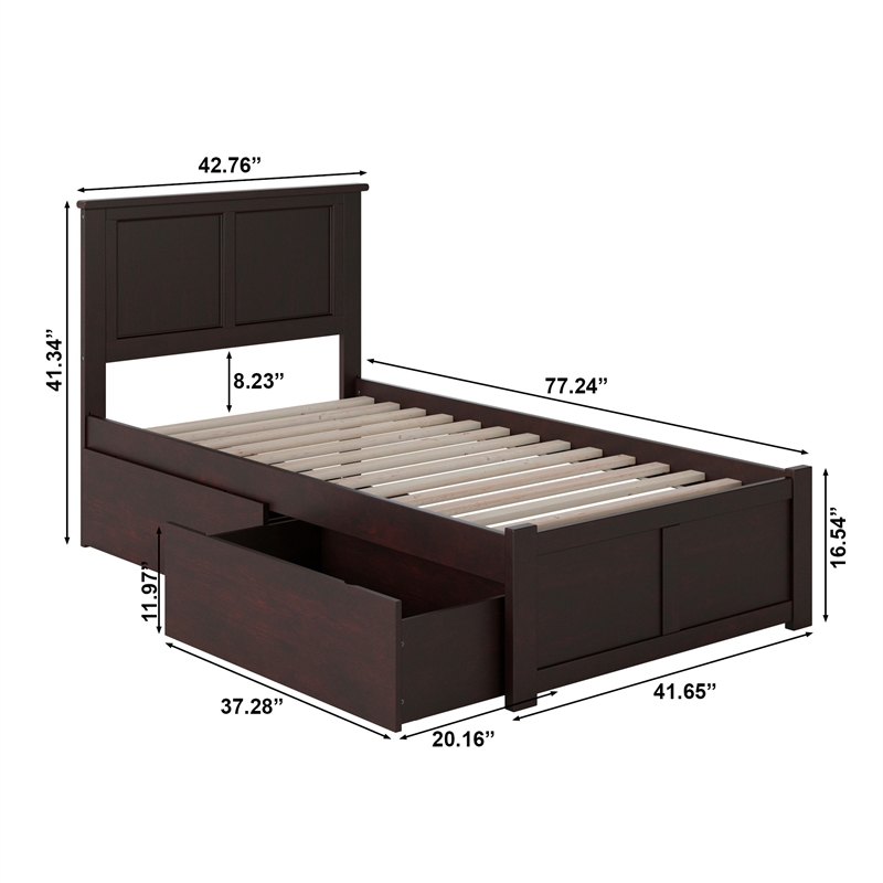 Pemberly Row Madison Twin Wood Platform Bed & Storage Drawers in Espresso