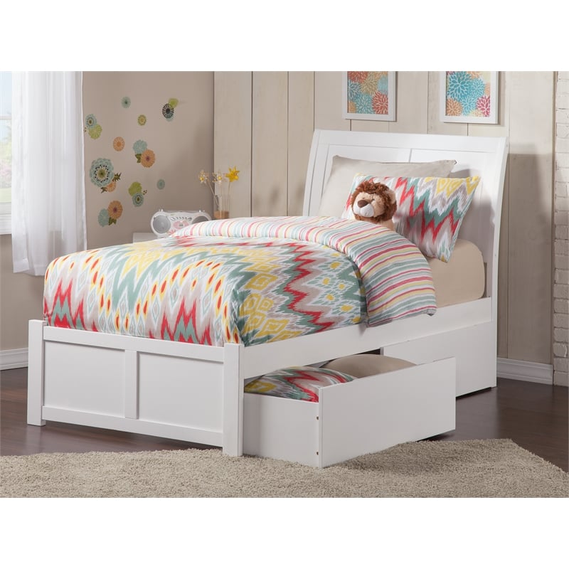 Pemberly Row Twin XL Solid Wood Bed with Storage Drawers in White