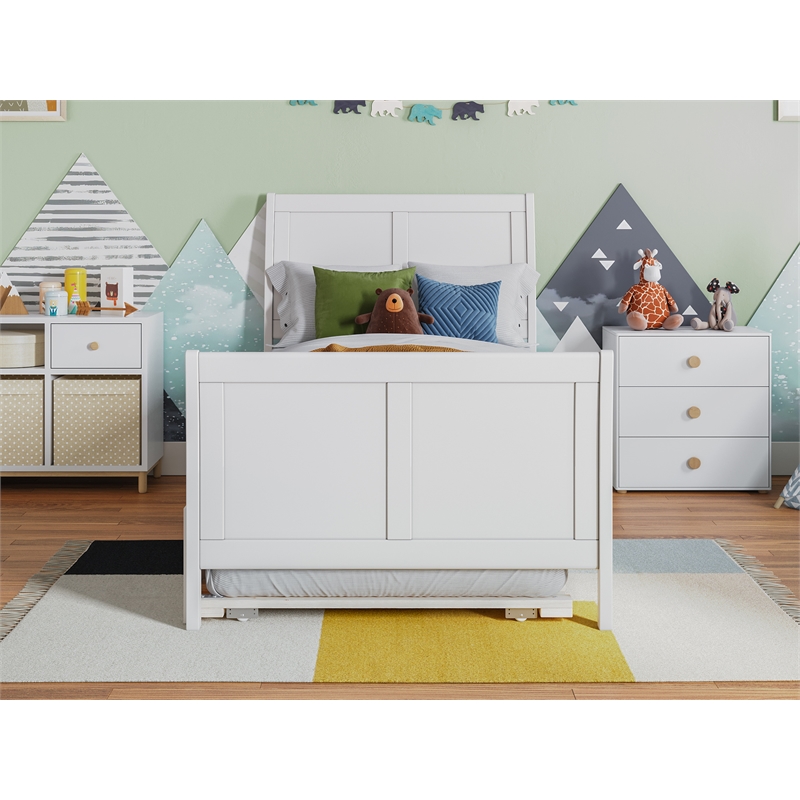 Pemberly Row Portland Twin Wood Platform Bed  & Twin Trundle in White