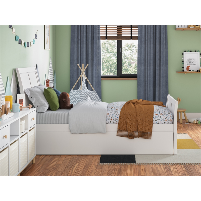 Pemberly Row Portland Twin Wood Platform Bed  & Twin Trundle in White
