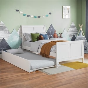 Pemberly Row Portland Twin Wood Platform Bed  & Twin Trundle in White