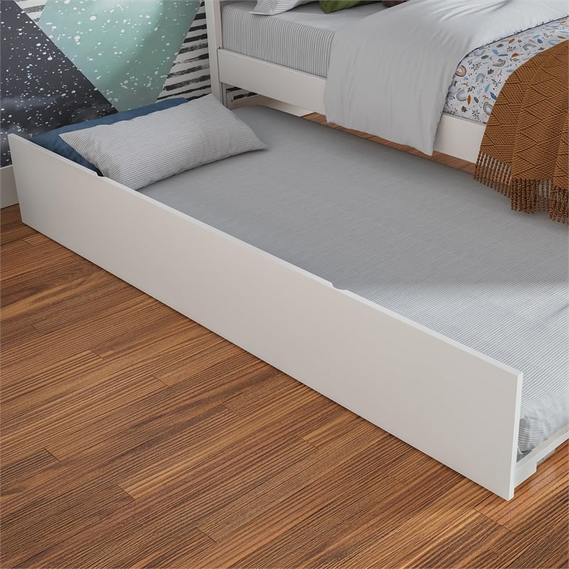 Pemberly Row Portland Twin Wood Platform Bed  & Twin Trundle in White
