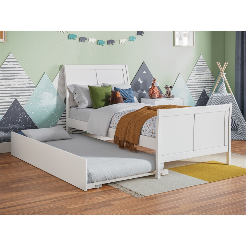 Pemberly Row Portland Twin Wood Platform Bed  & Twin Trundle in White