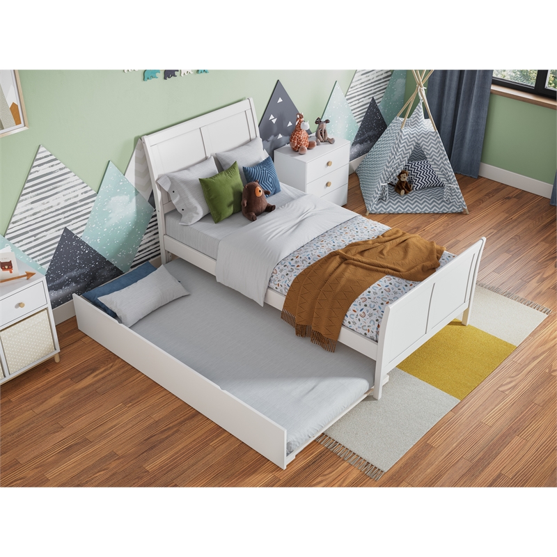 Pemberly Row Portland Twin Wood Platform Bed  & Twin Trundle in White