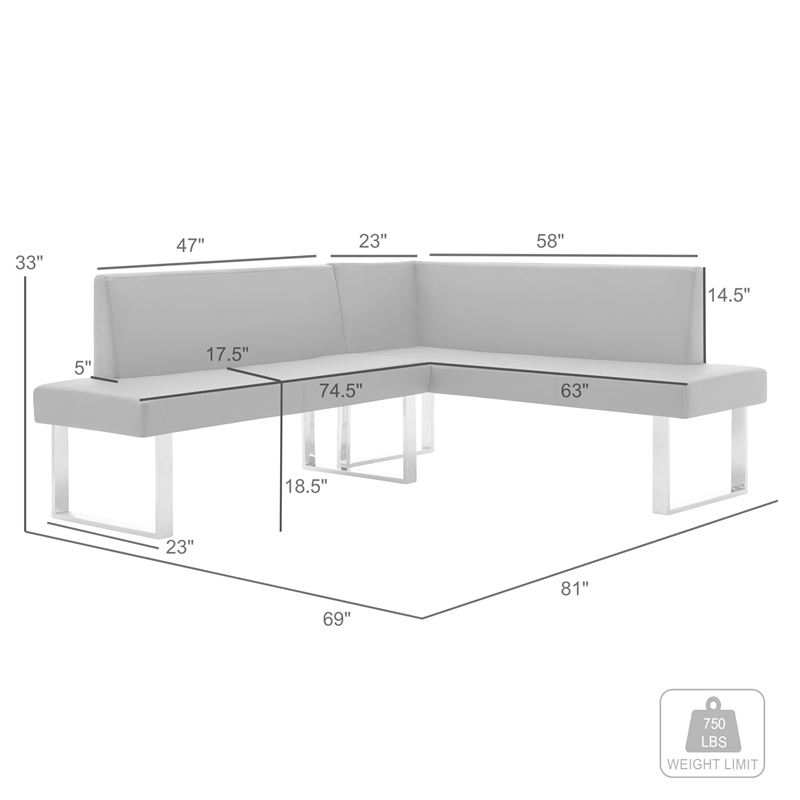 Pemberly Row Modern Faux Leather Corner Dining Bench in Chrome/Gray