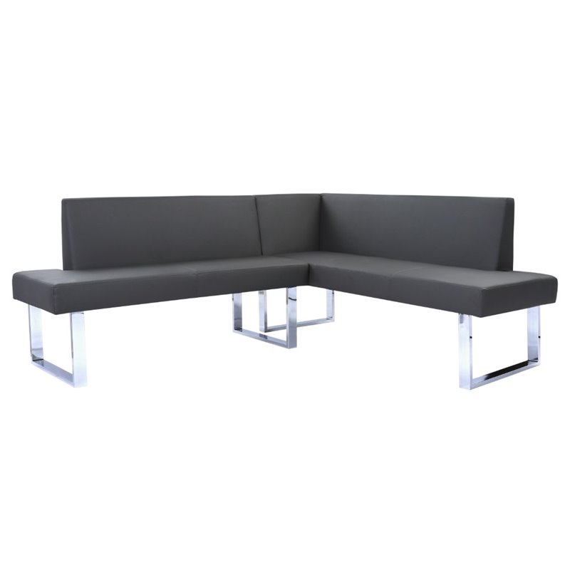 Pemberly Row Modern Faux Leather Corner Dining Bench in Chrome/Gray