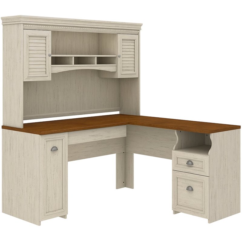 Pemberly Row L-Shaped Desk with Hutch in Antique White - Engineered Wood