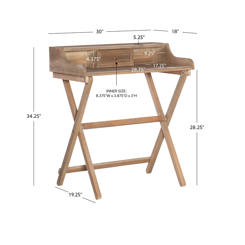 Pemberly Row Wood Folding Desk with Small Drawer in Rustic Brown Finish