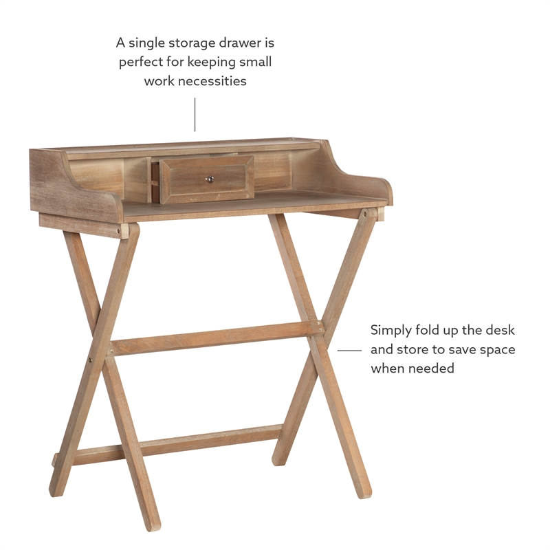 Pemberly Row Wood Folding Desk with Small Drawer in Rustic Brown Finish