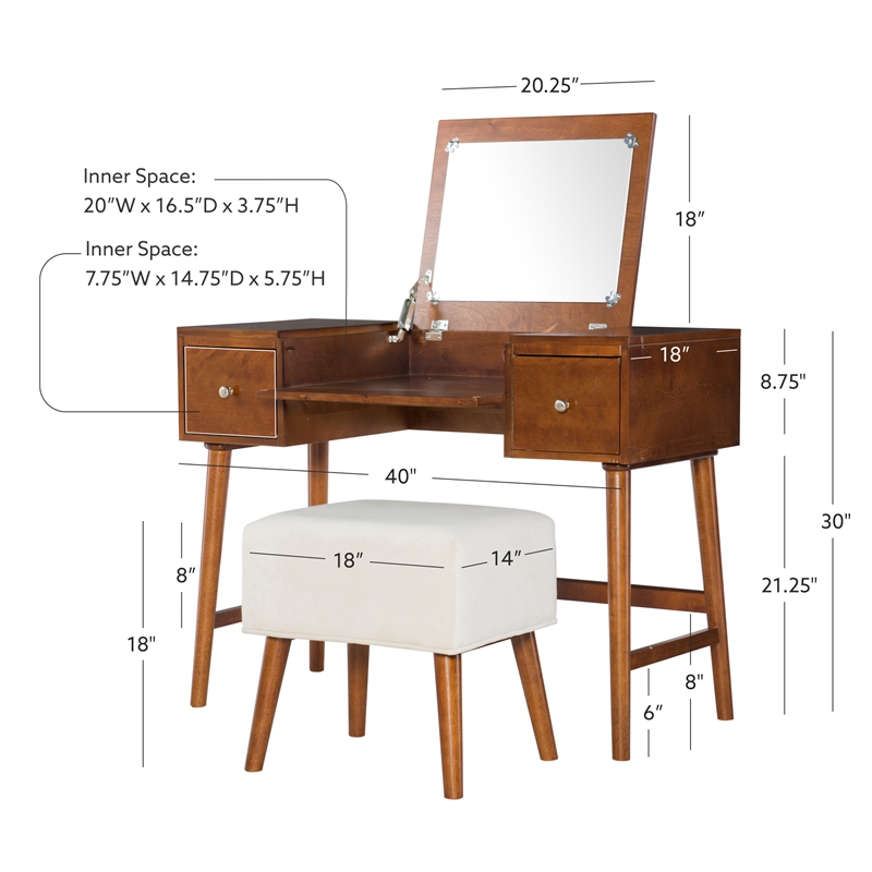 Pemberly Row Wood Vanity & Stool Set Flip Up Mirror 2 Drawers in Walnut Brown