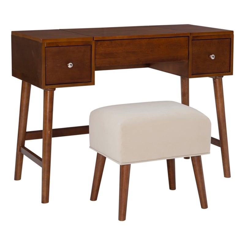 Pemberly Row Wood Vanity & Stool Set Flip Up Mirror 2 Drawers in Walnut Brown