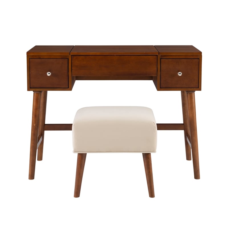 Pemberly Row Wood Vanity & Stool Set Flip Up Mirror 2 Drawers in Walnut Brown