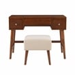 Pemberly Row Wood Vanity & Stool Set Flip Up Mirror 2 Drawers in Walnut Brown