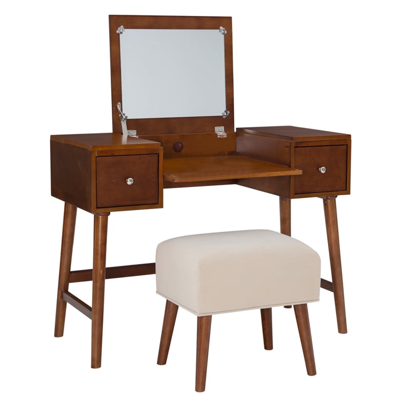 Pemberly Row Wood Vanity & Stool Set Flip Up Mirror 2 Drawers in Walnut Brown