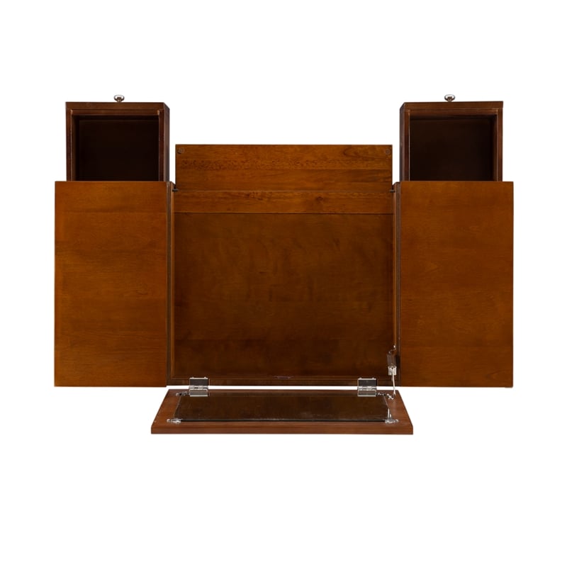 Pemberly Row Wood Vanity & Stool Set Flip Up Mirror 2 Drawers in Walnut Brown